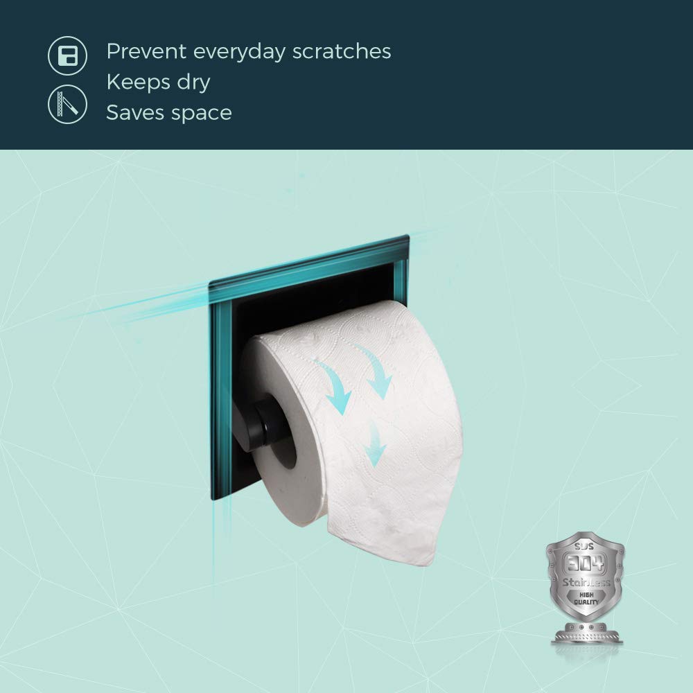 FORIOUS Matte Black Toilet Paper Holder  Black Recessed Toilet Paper Holder Wall Mount Made of Metal  in Wall Toilet Paper Holder Black with Mounting Bracket  Bathroom Toilet Paper Wall Holder